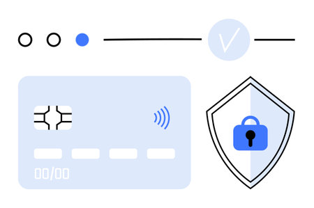 Credit card with chip and contactless symbol beside shield featuring locked padlock. Ideal for cybersecurity, payment protection, fintech, digital transactions, finance, secure systems, abstract lineのイラスト素材