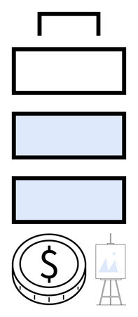 Stacked rectangles showing progress, coin signifying money, easel with board for ideas. Ideal for finance, business strategy, budgeting, investment stages, success planning, revenue growth abstractのイラスト素材