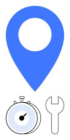 Blue location pin above a stopwatch and wrench. Ideal for navigation, timeliness, logistics, services, tools, efficiency, and workflow concepts. Abstract line flat metaphorのイラスト素材