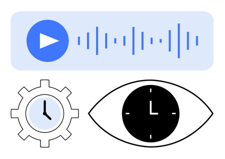 Play button with sound wave, gear with clock, and eye with clock face. Ideal for multimedia,...