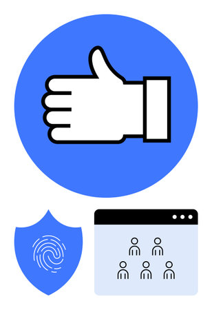 Thumbs-up approval icon, fingerprint security shield, and webpage with user icons. Ideal for online...