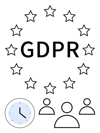 GDPR text surrounded by stars, clock showing time, and user icons representing data privacy. Ideal for themes of data security, regulation, compliance, digital privacy, governance, timeのイラスト素材