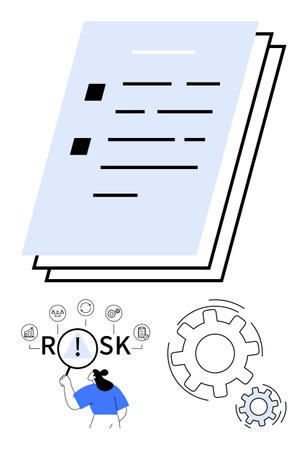 Stack of documents with lists, magnifying glass focusing on Risk, gears symbolizing processes. Ideal for business analysis, project planning, quality control, risk management, decision-makingのイラスト素材