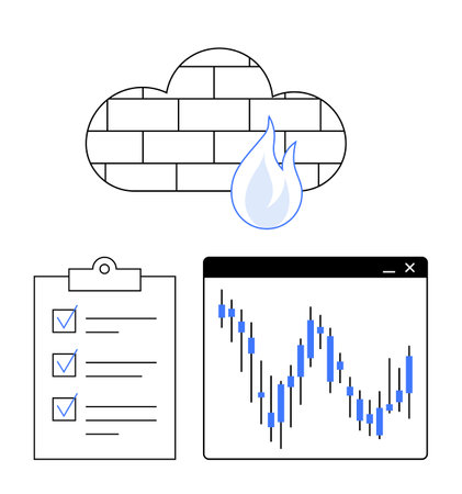Firewall with flame, financial graph in browser window, and checklist with marked items. Ideal for cybersecurity, data protection, financial analysis, and auditing themes.のイラスト素材