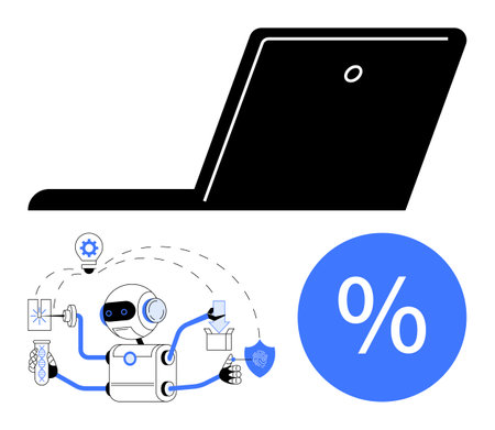 AI robot multitasking with tools, shield, coffee in blue linear style, placed near laptop, percentage symbol. Ideal for automation, AI, technology, productivity efficiency innovation futureのイラスト素材