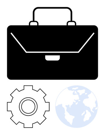 Black briefcase, cogwheel, and globe symbolizing business, productivity, technology, and international partnerships. Ideal for concepts of work management, global trade, and innovationのイラスト素材