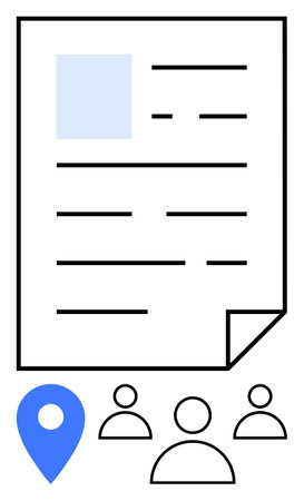 Large document with text and image placeholder, blue location marker, and three team member icons. Ideal for workflow management, collaboration, document sharing, location info, remote work, projectのイラスト素材