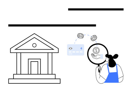 Figure analyzing payment options with magnifying glass, showing coins, bank card, and bank building. Ideal for finance, banking, online payments, financial analysis, savings investment and loansのイラスト素材