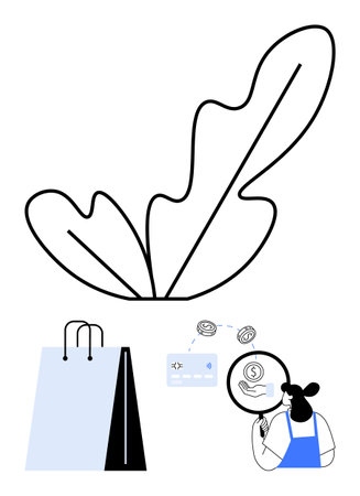 Shopping bag, credit card, large abstract leaf, and person with magnifying glass examining purchase trends. Ideal for digital marketing, e-commerce, customer behavior analysis, online transactionsのイラスト素材