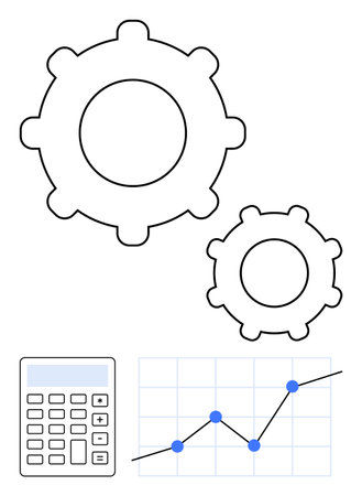 Two gears, a calculator, and a line graph with data points signify efficiency, analysis, and growth. Ideal for business strategy, productivity, finance, planning innovation organization abstractのイラスト素材