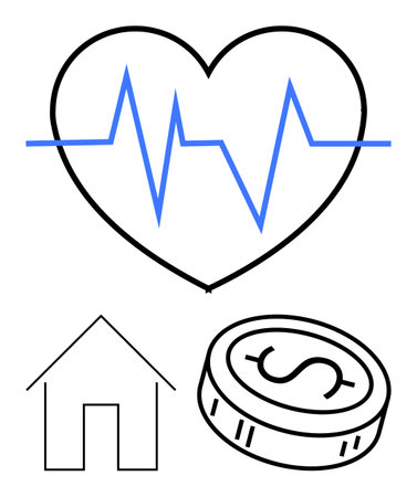 Heart with blue EKG line, house outline, and dollar coin. Ideal for healthcare, finance, real estate, insurance, wellness family planning and investment themes.のイラスト素材