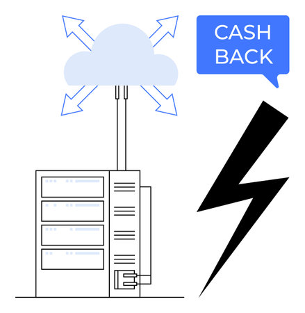 Cloud server connected with arrows, speech bubble containing CASH BACK, black lightning bolt representing power. Ideal for technology, data management, cost savings, cloud computing, efficiencyのイラスト素材