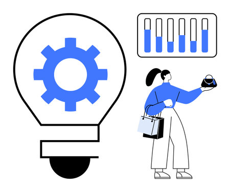 Figure with handbag and shopping bags, large light bulb with gear inside, horizontal bar chart. Ideal for business innovation, market analysis, retail, project management, technology solutionsのイラスト素材
