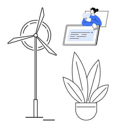 Wind turbine generating energy, individual using tablet for communication, and potted plant indicating nature connection. Ideal for sustainability, eco-friendly tech, remote work, green livingのイラスト素材