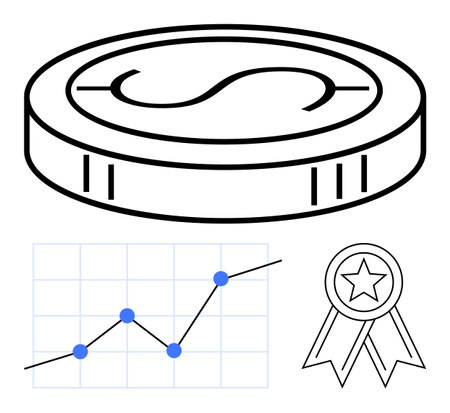 Large coin, ascending financial chart with data points, and award ribbon. Ideal for finance, business growth, investment, success, analytics goalsのイラスト素材
