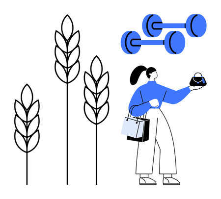 Person holding food and shopping bags near wheat stalks and dumbbells. Ideal for health, lifestyle, fitness, nutrition, wellness, balance, modern life. Abstract line illustrationのイラスト素材