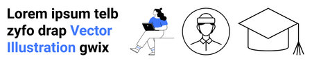 Student sitting with laptop and graduation cap outline. Ideal for educational themes, e-learning, school, university, learning, online courses, graduation. Landing pageのイラスト素材