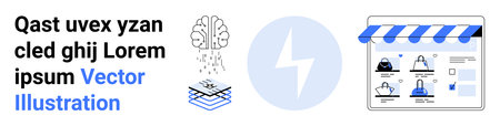 Brain with raindrops, connected layers, lightning bolt, and web interface with item listings and search bar. Ideal for technology concepts, AI, innovation, digital marketing, web development onlineのイラスト素材