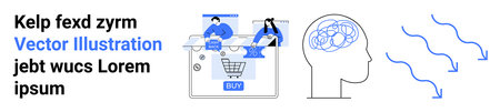 Online shopping interface on a tablet, showing brainstorming process with abstract arrows. Ideal for...
