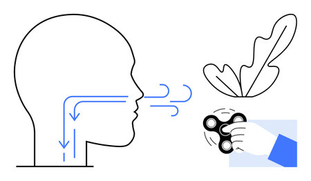 Profile of human head with airflow lines, hand holding fidget spinner, leaf, and calming breath flow. Ideal for stress relief, relaxation, mindfulness, focus, mental health peaceful living abstractのイラスト素材
