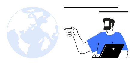 Man in blue shirt pointing at globe and working on laptop. Ideal for global connectivity, international communication, online education, telecommuting, worldwide collaboration, digital presenceのイラスト素材
