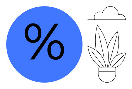Blue circle highlighting a black percentage symbol next to a potted plant and a cloud outline. Ideal for analytics, growth strategies, financial goals, investment forecasts, data analysis, ecologicalのイラスト素材