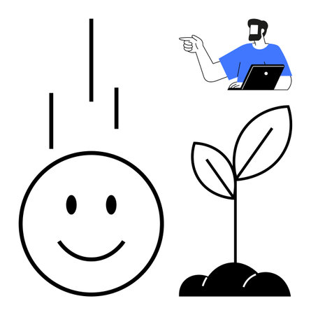 Smiling face with lines, seedling plant, and person pointing at laptop. Ideal for sustainability, technology, education, innovation, positivity growth digital transformation. Abstract line flatのイラスト素材
