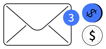 Large envelope outline, blue circles with dollar signs and number 3 alert icon. Ideal for finance, notifications, reminders, online payments, billing, subscription services business alerts. Abstractのイラスト素材