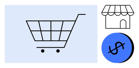 Shopping cart with wheels, small storefront with awning, and currency sign in circle. Ideal for e-commerce, retail, checkout, online shopping, buying process, sales financial transactions abstract