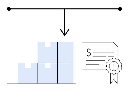 Stacked boxes representing inventory levels, finance certificate with a seal indicating costs or revenue. Ideal for logistics, finance, revenue, inventory management, supply chain, economicsのイラスト素材