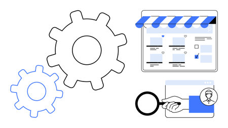 Gears representing optimization with an online shop interface, a magnifying glass showing search features, and data analysis. Ideal for digital marketing, e-commerce, SEO, analytics, processのイラスト素材
