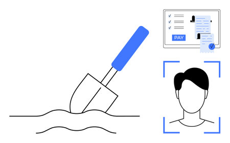 Shovel digging into the ground, digital identity profile with Pay button and profile picture, facial recognition frame around head. Ideal for tech integration, security, online transactions, digitalのイラスト素材