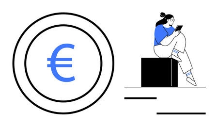 Woman on a block using tablet, large Euro symbol inside circles. Ideal for finance, technology, digital economy, investments, education, analysis business innovation. Line metaphorのイラスト素材