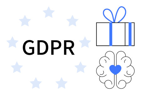 GDPR text surrounded by blue stars, next to a wrapped gift with blue ribbon, and a brain with a heart. Ideal for data protection, privacy, regulation, compliance, security legal ethics. Lineのイラスト素材