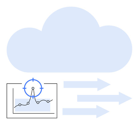Cloud with arrows indicating data movement, line chart with data points and target crosshair. Ideal...