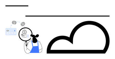 Woman examining financial symbols and credit card with magnifying glass near large cloud outline....