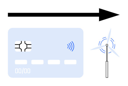 Payment card with NFC signal, bold arrow symbolizing movement, and wind turbine. Ideal for sustainability, green finance, eco-friendly payments, technology innovation, clean energy, modern businessのイラスト素材
