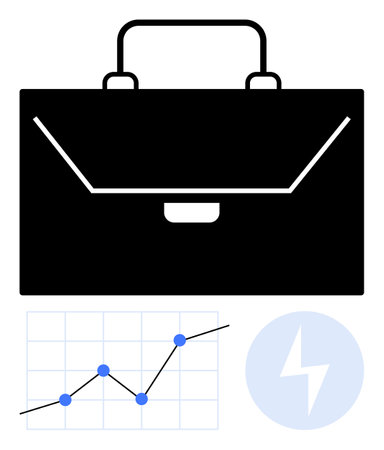 Black briefcase, line graph with data points, and power icon. Ideal for business strategy, productivity, data analysis, growth planning, professional tools, innovation abstract line flat metaphorのイラスト素材