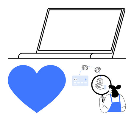 Woman examines financial data with magnifying glass near laptop, heart symbol. Ideal for finance, online banking, security, technology, digital payments, financial health user experience. Abstractのイラスト素材