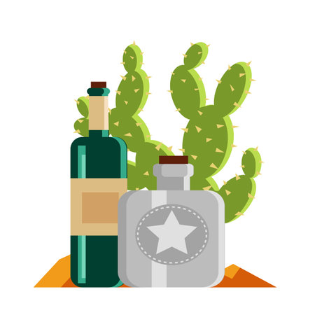 A desert scene with a cactus, a green bottle, and a star-emblazoned gray flask on a sandy surface. Ideal for western themes, desert landscapes, outdoor adventures, nature, and beverages. Simple flatのイラスト素材