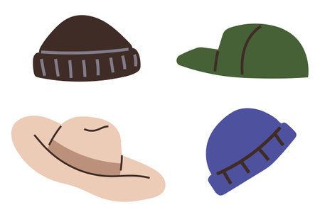 Four distinct hat designs in different colors and shapes including a brown beanie, green cap, beige wide-brim hat, and blue beanie. Ideal for clothing, fashion, accessories, marketing, and designのイラスト素材