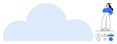 Woman in blue shirt stands beside large blue cloud, contemplating. Emotional spectrum gauge displays different face icons. Ideal for data analysis, technology, emotion tracking, cloud computingのイラスト素材