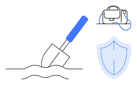 Gardening trowel digging into soil, a shield symbol representing protection, and a saddlebag indicating preparedness. Ideal for gardening, security, preparedness, insurance, agricultural productsのイラスト素材