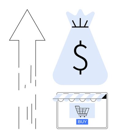 Arrow indicating growth beside dollar sack and online shopping cart with BUY button. Ideal for business growth, e-commerce, online shopping, sales development, digital marketing, financial successのイラスト素材