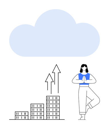 Minimalist graphic of a person meditating beside a bar graph with upward arrows beneath a cloud. Ideal for technology, growth, mindfulness, innovation, analytics, wellness, abstract line flatのイラスト素材