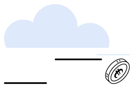 Cryptocurrency coin with a cloud icon and horizontal lines suggesting connectivity. Ideal for finance, blockchain, cloud storage, data transfer, fintech, digital economy, abstract line flat metaphorのイラスト素材