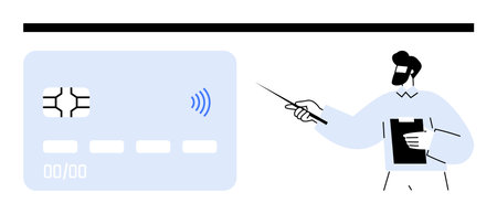 Contactless payment card beside instructor explaining with pointer and notebook. Ideal for financial literacy, mobile payments, cashless transactions, online shopping, fintech, banking, abstract lineのイラスト素材