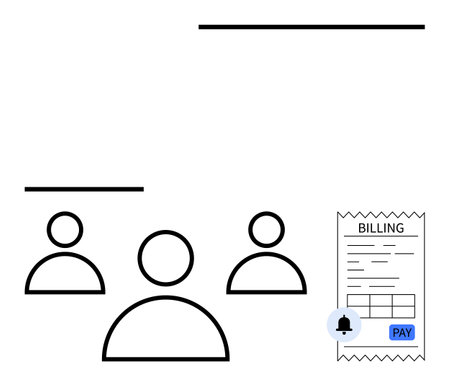Group of people icons next to a digital billing receipt with payment reminder bell. Ideal for...