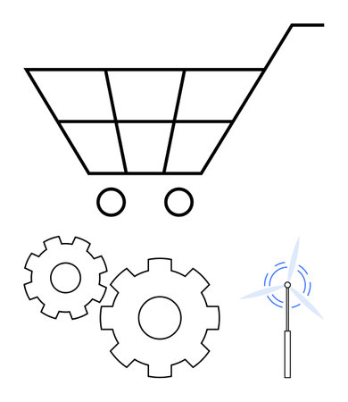 Shopping cart representing e-commerce, gears symbolizing technological innovation, and wind turbine for renewable energy. Ideal for themes thumbs up e-commerce, sustainability, technology, renewableのイラスト素材
