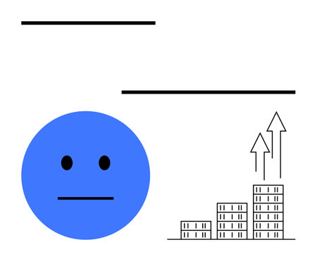 Blue neutral face beside bar chart ascending with arrows. Ideal for business growth, emotions, performance tracking, analytics, strategy, economic trends, abstract line flat metaphorのイラスト素材